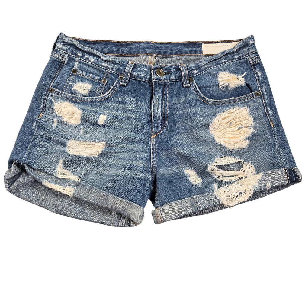 Rag & Bone Shorts Womens 29 Blue Distressed Denim Cutoff Cuffed Relaxed Casual - Picture 1 of 13